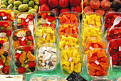 Fruit salads at La Boquería market, Barcelona. Catalonia, Spain