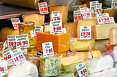 Different kinds of cheeses. Boquería market. Barcelona. Spain.