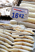 Salt codfish for sale in la Boqueria Market. Barcelona. Spain.