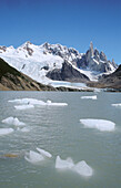Ice floes in Laguna Torre, Cerro Torre and glacier at the rear. El Chalten. Los Glaciares National Park. Santa Cruz province. Patagonia. Argentina.