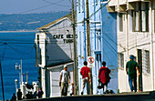Templeman street in Cerro Concepción. Valparaíso bay at the rear. Chile.