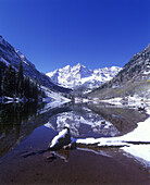 Winter snow scenic, Maroon bells mountains & lake, Aspen, Colorado, USA.