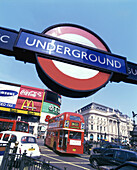 Street scene, underground sign, Piccadilly circus, London, England, U.K.