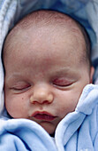  0-6 Monate, 1-6 Monate, Baby, Babys, Eine Person, Eins, Farbe, Geschlossen, Geschlossene Augen, Gesicht, Gesichter, Innen, Kindheit, Mensch, Menschen, Nahaufnahme, Nahaufnahmen, Portrait, Portraits, Porträt, Porträts, Schlafen, Schlafend, Schlafende, Ver