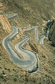 At the narrowest part of the Dadès gorge in the southern High Atlas mountains, the road climbs up in dramatic serpentines. Southern Morocco.