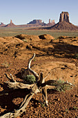 The classic Wild-West landscape of sandstone buttes and pinnacles of rock in the Monument Valley, seen from the North Window. Monument Valley Navajo Tribal Park, Navajo Nation, Arizona/Utah, USA.