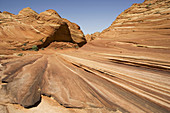 Beautiful red and yellow striated Navajo sandstone at the North Coyote Buttes. Paria Canyon-Vermilion Cliffs Wilderness, Vermilion Cliffs National Monument, Arizona, USA.