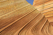 The Wave, a breathtaking work of art, naturally carved in beautiful red and yellow striated soft Navajo sandstone. North Coyote Buttes, Paria Canyon-Vermilion Cliffs Wilderness, Vermilion Cliffs National Monument, Arizona, USA.