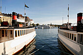 Djurgarden ferries, Nybroviken Harbor, Oestermalm, Stockholm, Schweden