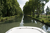 Hausboot fährt durch Allee des Canal du Rhon au Rhin, nahe Strassburg, Elsass, Frankreich, Europa