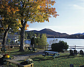 Fall foliage, Mirror Lake, Lake Placid, Adirondack Park, New York, USA