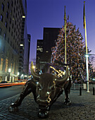 Christmas tree, Bull sculpture, Broadway, Manhattan, New York, USA