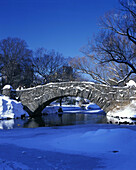 Snow, Capstow bridge, Pond, Central Park, Manhattan, New York, USA