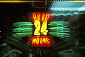Open 24 hours sign, Tick tock diner, 8th. Avenue, Manhattan, New York, USA
