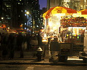 Christmas lights, Hot dog stand, Fifth Avenue, Midtown, Manhattan, New York, USA
