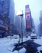 Television news set up, Blizzard, Times square, Midtown, Manhattan, New York, USA