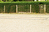 Cobblestone street along fence with hedge, Leipzig, Saxony, Germany