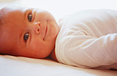  0-6 Monate, 1-6 Monate, Baby, Babys, Blauäugig, Blaue Augen, Blick Kamera, Eine Person, Eins, Farbe, Freude, Geschultert, Gesichtsausdruck, Gesichtsausdrücke, Glück, Glücklich, Hingelegt, Horizontal, Innen, Lächeln, Liegend, Mensch, Menschen, Portrait, P