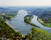 Germany, Rhineland-Palatinate, Remagen, Rolandswerth, Rhine landscape, panoramic view from the Drachenfels mountain in the nature reserve Siebengebirge to the Rhine island Nonnenwerth in Rolandswerth
