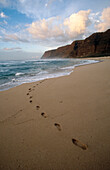 Coast of Na Pali. Tracks on the beach. Kauai island. Hawaii
