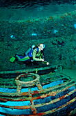 Scuba diver and Jacque Cousteaus Precontinent 2,  Sudan, Africa, Red Sea, Shaab Rhumi