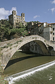 Ponte Vecchio bridge and castle of Doria family, Dolceacqua. Liguria, Italy
