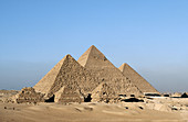 Pyramids of Khufu, Khafre and Menkaure at Giza. Egypt