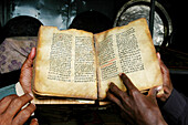 Detail of ancient parchment bible at Ziway. Ethiopia