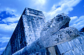 Statue of serpent at ball court ruins. Chichén Itzá. Mexico