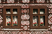 Wood cottages painted with embroidery motifs in Cicmany Village. Central Slovakia