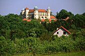 Hillside view of Nowy Wisnicz Castle. Carpathian Mountains. Poland