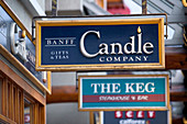 Banff Candle Company shop sign, shops on Banff Avenue. Banff. Alberta, Canada