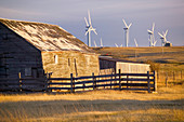 Cowley Ridge wind farm landscape with old ranch. Crowsnest Pass area. Alberta, Canada