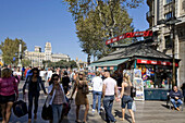 Spain,Barcelona,Las Ramblas,Plaza de Catalunya,tourists,kiosk