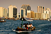 Dubai Creek Promenade Skyline , Deira buisiness district,Ferries on dubai Creek between Deira and Bur Dubai