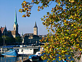 Switzerland Zuerich, Limmat, Framunster, St. Peters church autumn