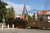 Werningerode, Harz narrow gauge railway line, steam locomotive, train, road intersection, Saxony Anhalt, Harz mountains, Germany