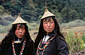 Women in traditional costume. Laya region. Northern Buthan