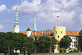 Riga castle in old town from Vansu bridge on Daugava river. Riga, Latvia