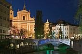 Evening View of Franciscan Church, Presernov Trg Square and Ljubljanica River. Ljubljana. Slovenia. 2004.