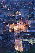 Presernov Trg Square. View from Castle Hill. Belvedere Tower. Evening. Ljubljana. Slovenia.