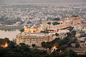 Old Udaipur and City Palace from Devi Temple Hill. Evening. Udaipur. Rajasthan. India.