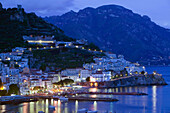 Town View with Harbor. Evening. Amalfi. Amalfi Coast. Campania. Italy.