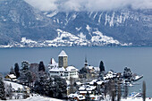 Town Castle (13th century) & Lake Thun / Winter. Spiez. Bern. Switzerland.