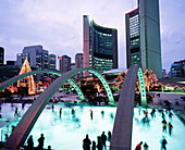 City Hall in front of ice rink at Nathan Phillips Square. Toronto. Canada