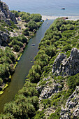 Aerial View of Preveli Beach also known as Paralia Finikodasous (Palm Beach). Preveli. Rethymno Province. Crete, Greece.