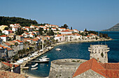 View of the harbour from the land gate tower, town of Korkula. Korcula Island, Dalmatia. Croatia