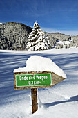 Guidepost Ende des Weges (End of the Way) in the Valepp, valley near Spitzingess lake. Spitzing. Upper Bavaria. Germany
