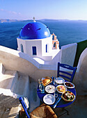 Greece, Cyclades, Santorini Church. on the Caldeira at Oia, Greek food, Greek salad & Mezzes