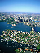 Aerial view from Northbank. Bridge, Opera House, downtown. Sydney. New South Wales. Australia.